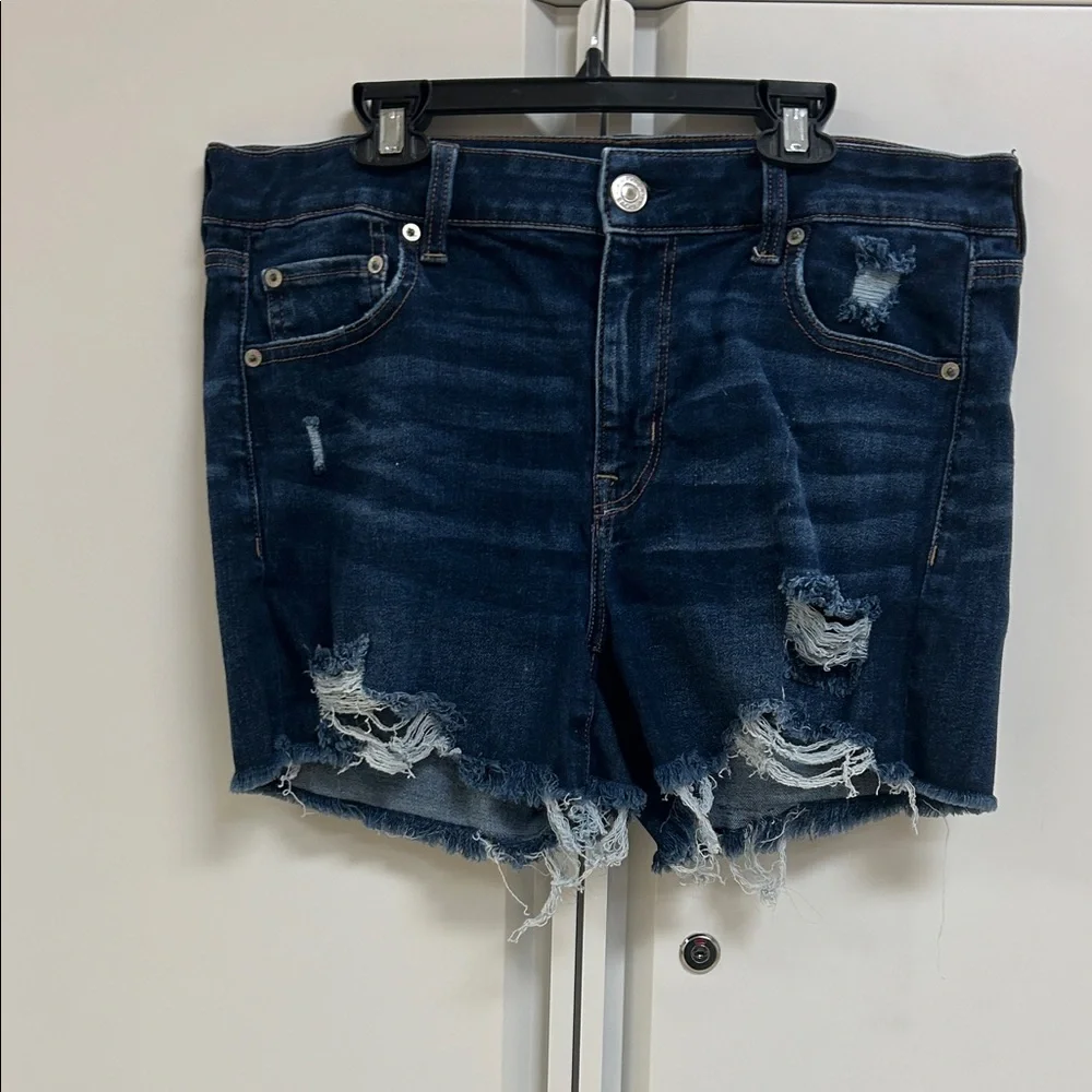 American Eagle Outfitters Dark Blue Distressed Denim Jean Shorts - Picture 1 of 5